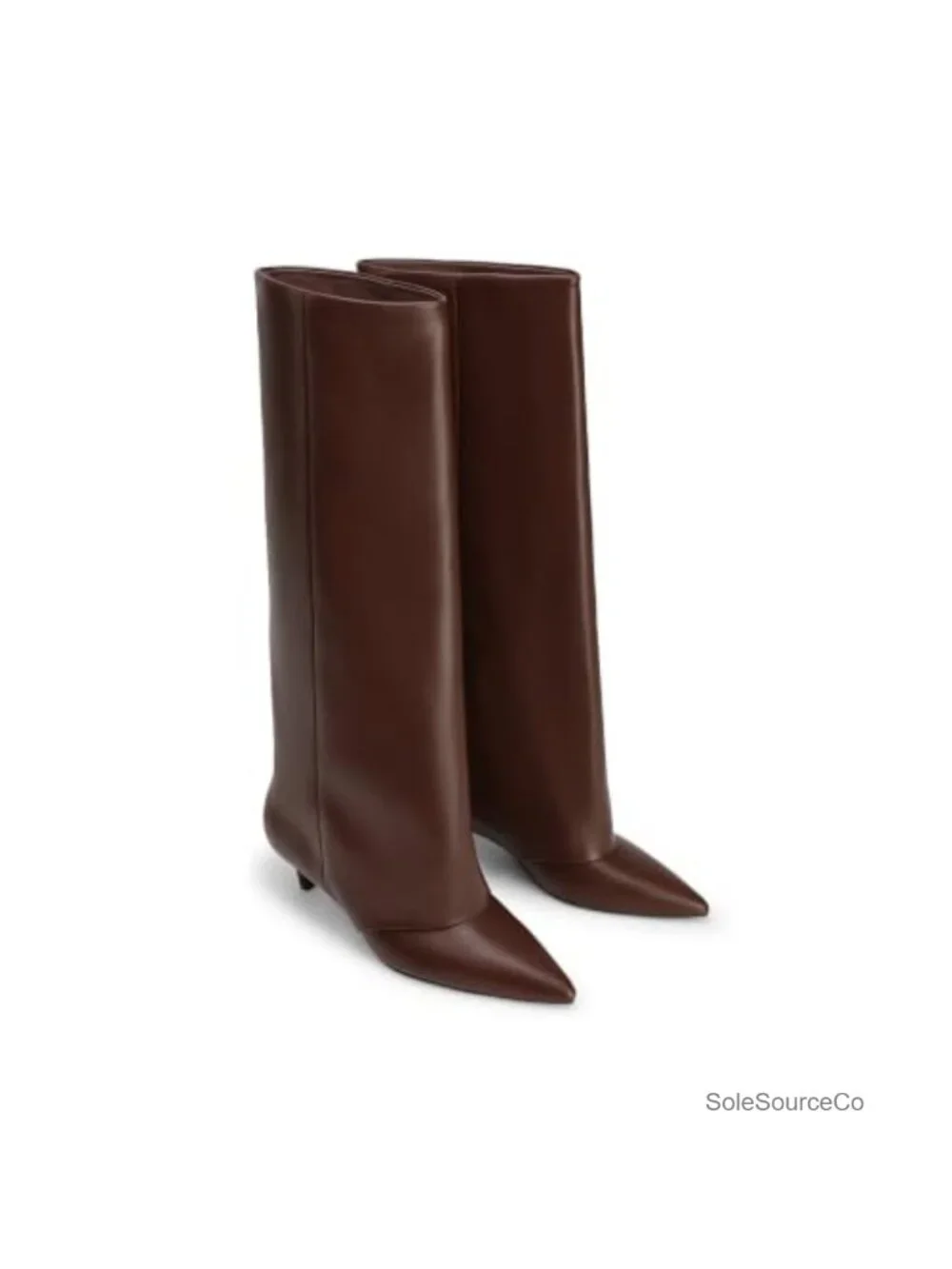 Faux Leather Fold-Over Knee High Boots Pointed Toe Kitten Heel